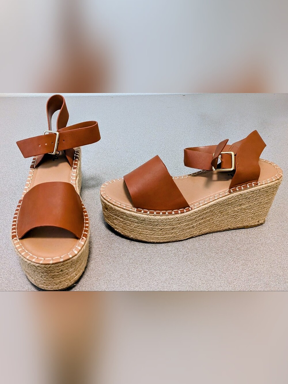 Soda Tan Espadrille Platform Wedge Sandals with Ankle Buckle